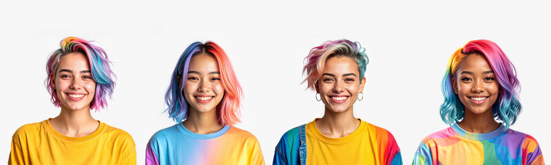 Gen Z lesbian girls celebrating identity with rainbow fashion hair clothes and smiles