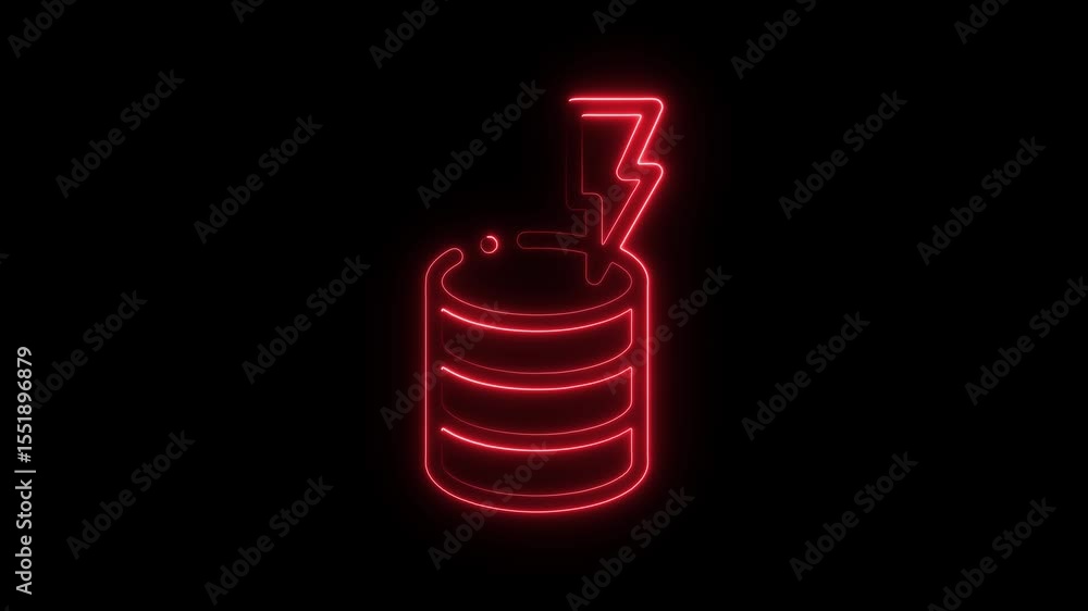 Poster glowing neon database server with lightning strike concept on black background
