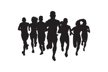 woman athletes silhouette set man on running race on white background