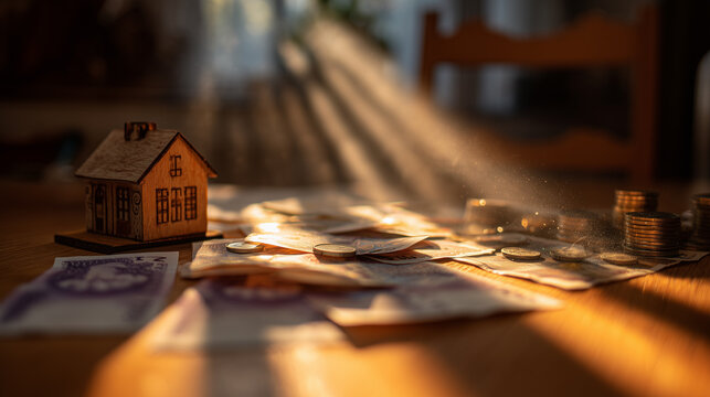 A small wooden house model stands on a table surrounded by stacks of various currency and coins, with sunlight casting a warm glow and highlighting the theme of wealth and investment.