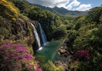 Fototapeta premium Serene Tropical Waterfall Surrounded by Lush Green Forest and Vibrant Flowers in Scenic Mountain Landscape Under Bright Blue Sky