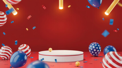 Vibrant 3D Patriotic Red Podium with American Flag Balloons and Festive Lights