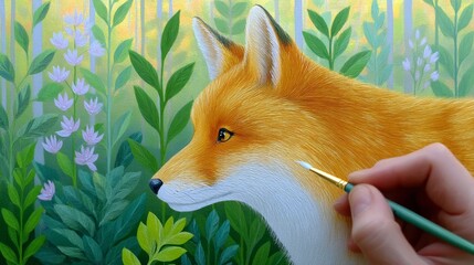 Hand Painting a Realistic Animated Fox Surrounded by Lush Foliage and Colorful Flowers in a Fantasy Forest