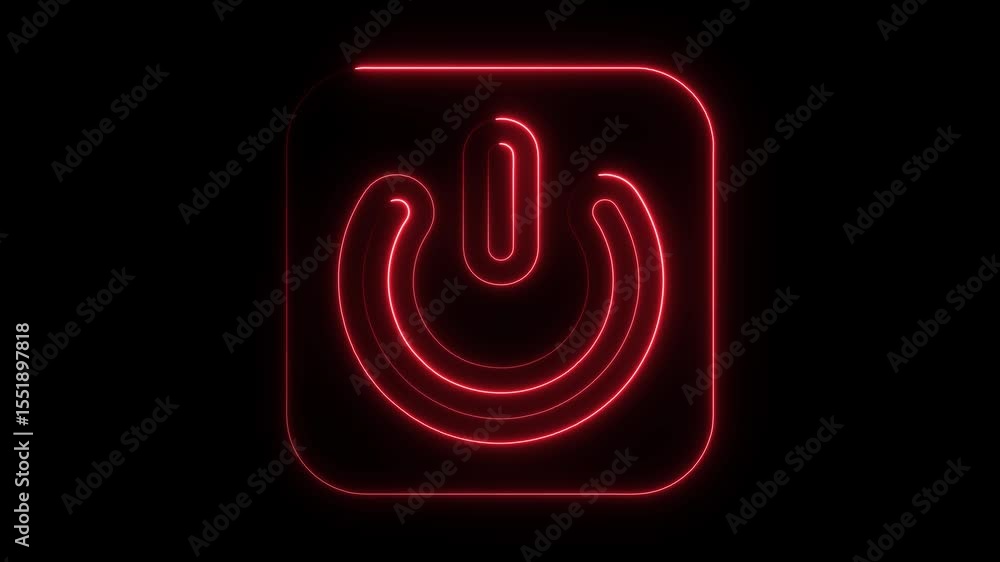 Poster glowing neon power button icon on black background loop