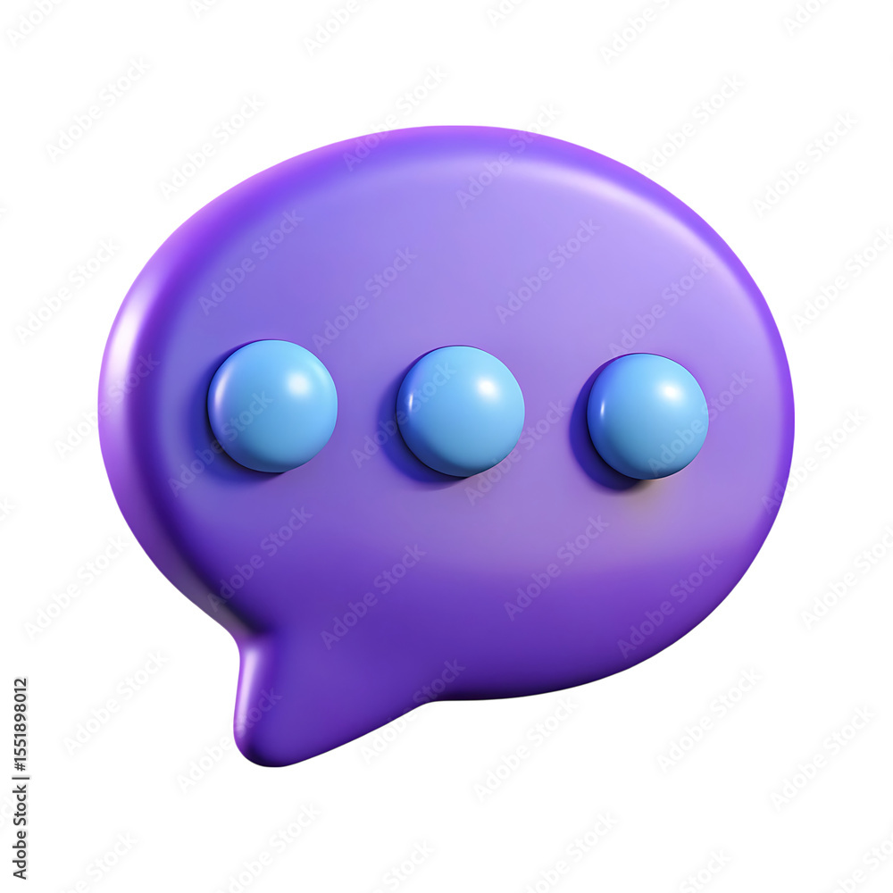 Poster 3d purple speech bubble with three blue dots inside isolated on transparent background
