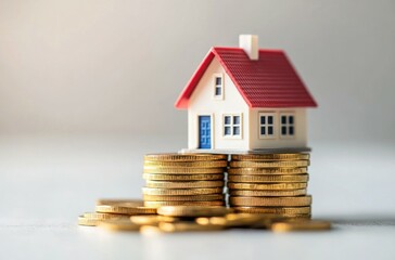 A small golden house atop a stack of gold coins symbolizes investment in real estate. This image represents the potential for growth and wealth through property.  Real estate is a major investment.