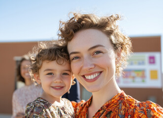 Mother and daughter taking selfie outdoors.