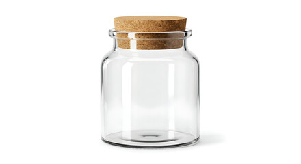 An elegant clear glass jar with a cork stopper stands in a studio, exuding simplicity and functionality. Perfect for conveying ideas like storage, preservation, and minimalist aesthetics.
