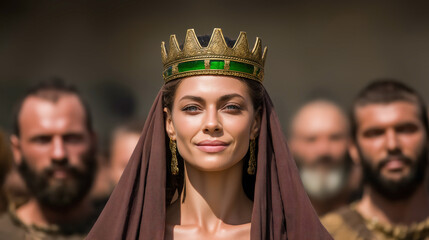 Elegant portrait of a biblical queen, radiating beauty, dignity, and strength, adorned in ancient royal attire.