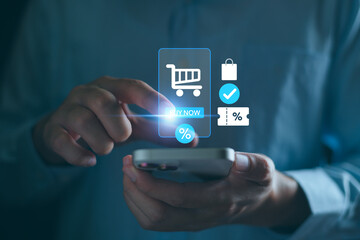A person shopping online with smartphone, e-commerce app, using discount buy products, digital...