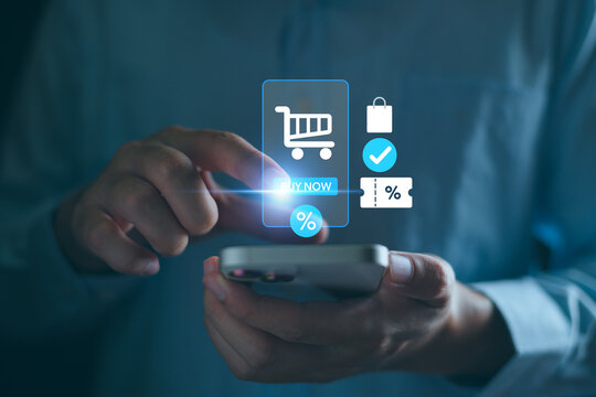 A person shopping online with smartphone, e-commerce app, using discount buy products, digital payment.
