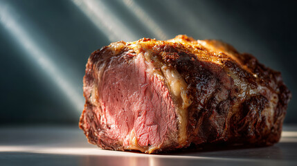 A close-up of cooked roast beef, showcasing its juicy pink center and browned crust under natural lighting on a plain background, emphasizing texture and doneness.