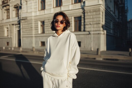A stylish young woman wearing a white hoodie and sunglasses sports suit mockup stands confidently on a city street. The sunlight casts a warm glow, highlighting her casual yet chic outfit.