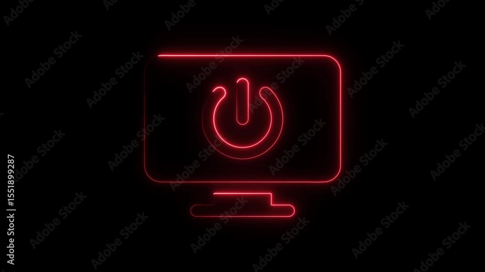 Poster glowing red neon power button icon on a computer screen against a black background digital technolog