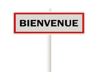 panneau routier d'entrée de ville avec le mot BIENVENUE - rendu 3D sur fond transparent