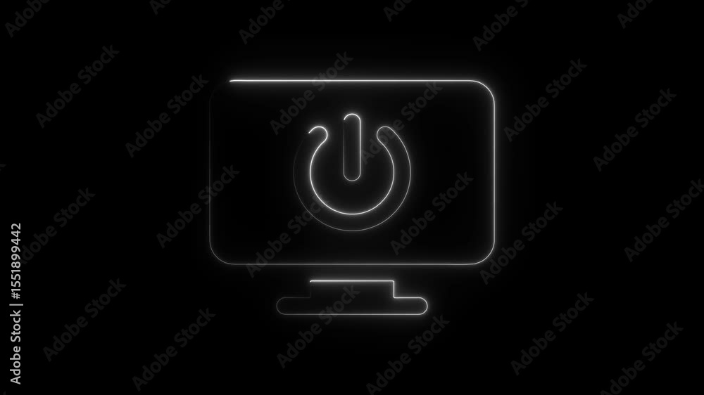 Poster animated neon style power button symbol appearing on a computer monitor against black background