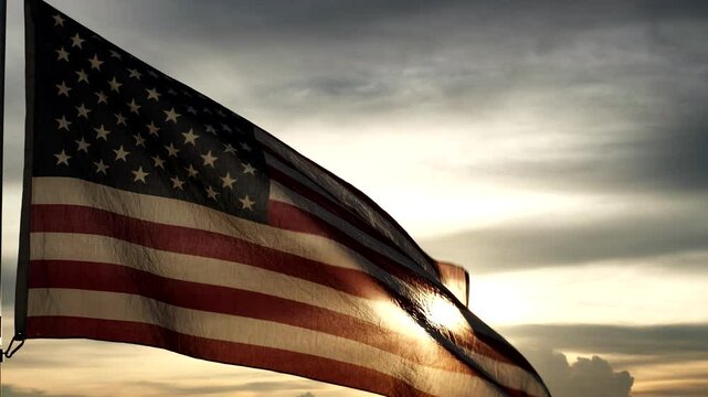 4th of July, Happy Independence Day. American flag is waving in sky against sunset, with sunrise in backdrop. Concept USA, Freedom, Celebration, Fourth of July, Independence Day, Veterans Day, Holiday