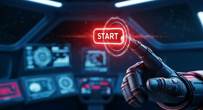 Robotic Hand Pressing Futuristic Start Button Sci-Fi Technology Concept