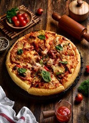Pizza is a dish made typically of flattened bread dough spread with a savory mixture usually including tomatoes and cheese and often other toppings and baked