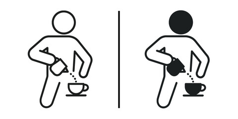 Pouring Tea Symbol: A stylized human figure delicately pours tea from a teapot into a cup, rendered in simple line art symbol, reflecting a moment of warmth and domesticity.