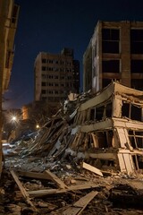 Depicts a night view of collapsed and devastated buildings in an urban area, under a clear starry sky. Details include exposed structures, revealing the consequences of the disaster.