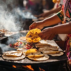 Mexican woman making tacos over open fire, rustic street food scene, expressive hands, traditional clothing, natural sunlight 