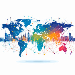 Fototapeta premium Abstract World Map with City Skyline in Vibrant Colors Against White Background Global Network and International Connections