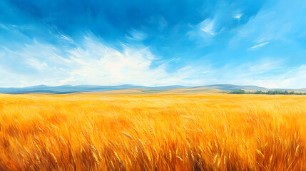 Obraz premium Golden Wheat Field under a Vibrant Blue Sky A Summer Landscape Painting