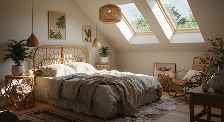 Bedroom with Wicker Furniture and Skylights