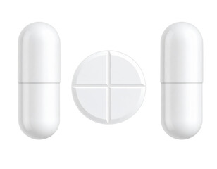 Three white pharmaceutical pills, two capsules and one round scored tablet, displayed in a clean, minimalistic style.