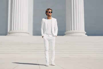 A stylish man in a white suit mockup stands confidently in front of large white columns. He wears sunglasses and has a relaxed posture, exuding elegance and modern fashion.