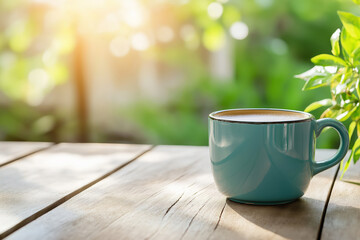Teal ceramic coffee mug sits on a wooden table in a sunlit garden, evoking a peaceful morning vibe