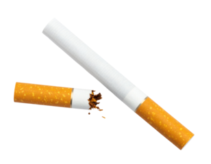 A whole cigarette and a broken cigarette with loose tobacco on a black surface.
