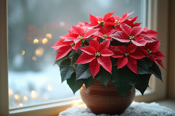 Pot of red poinsettias on a rustic wooden table.