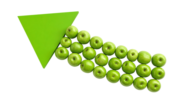 A green arrow made of a triangular shape and arranged green apples points to the left.