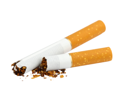 Two broken cigarettes with loose tobacco spilling out, showing damaged paper and filters.