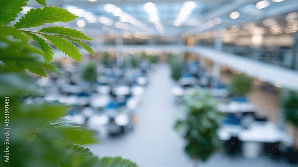 Poster drone-view overhead of open-plan office with collaborative desks team huddled in meeting plants soft