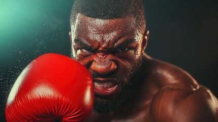 Intense boxer with red glove throws a powerful punch, sweat flying in dramatic close-up.
