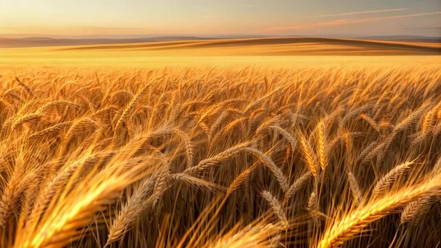 Golden wheat sways gently in a sunlit field, a beautiful landscape evoking peace, agriculture, and nature&rsquo;s bounty under a warm sunrise with serene horizons.