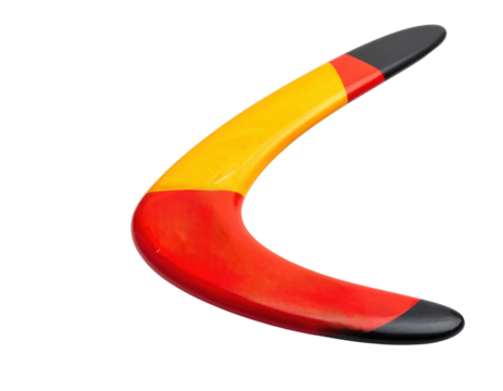 A brightly colored boomerang featuring red, yellow, and black segments with a smooth, curved design.