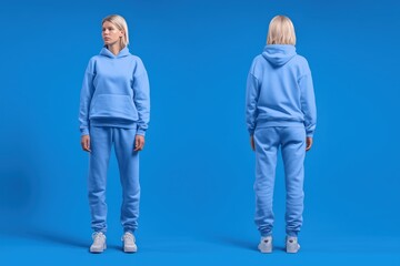 Fototapeta premium A model wearing a light blue hoodie and sweatpants sports suit mockup, standing against a solid blue background. The outfit is casual and modern, showcasing both front and back views of the clothing.