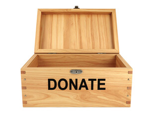 A wooden donation box with an open lid and the word "DONATE" boldly printed on the front.