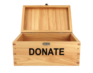 A wooden donation box with an open lid and the word "DONATE" boldly printed on the front.