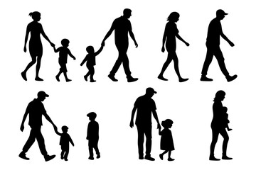 Family Silhouette Set: A collection of simple yet evocative silhouettes depicting parents and children walking together, symbolizing unity, family bonds, and shared journeys. 