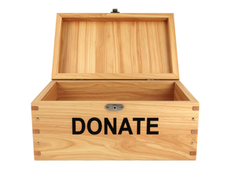 A wooden donation box with an open lid and the word "DONATE" boldly printed on the front.