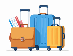 Colorful Luggage Set with Blue Yellow and Orange Suitcases for Travel and Vacation on White Background