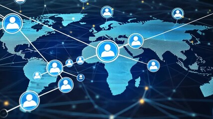 Digital world map overlayed with network connections and blue person icons - Powered by Adobe