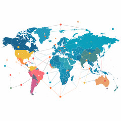 Obraz premium Colorful Polygonal World Map with Global Network Connections and White Background for Modern Infographics and Data Visualization