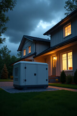 Emergency generator set up outside the house, storm clouds approaching