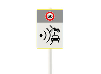 panneau routier Français indiquant une zone de contrôles radar et une vitesse limitée à 50 km/h, vu de face - rendu 3D sur fond transparent